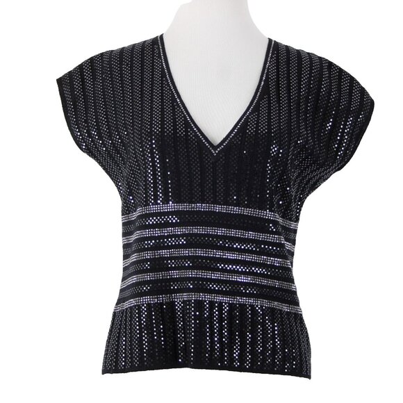 St John Evening Sz 8 Black Silver Stud Paillettes V Neck Santana Knit Top - Picture 2 of 10